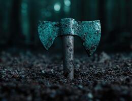 Weathered Axe Head Embedded in Soil photo