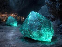 Glowing emerald crystal in dark cave photo