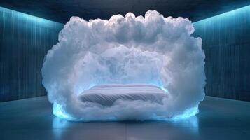 Surreal cloud like bed in a futuristic room photo