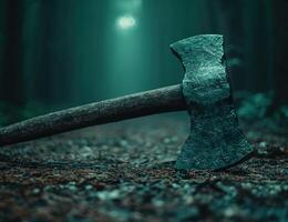 Axe embedded in ground in dark forest photo