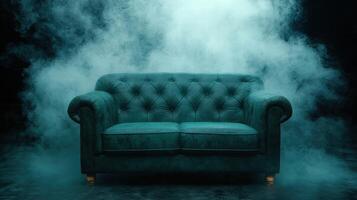 Mysterious teal chesterfield sofa in smoky atmosphere photo