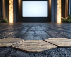 Empty wooden table in front of a blank screen photo