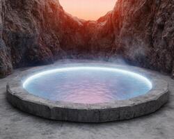 Serene natural hot spring pool in rocky canyon at sunset photo