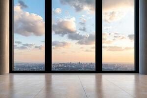 Panoramic city skyline view from modern office window photo