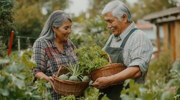 Silver-haired couple in garden, baskets of produce and vibrant greenery. Man and woman gray haired, active retirees photo