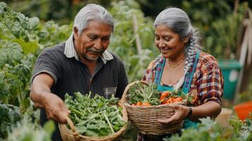 Native American retirees gathering produce on sunny day, serene atmosphere. Man and woman gray haired, active retirees photo