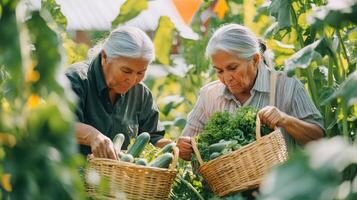 Native American couple harvesting fresh vegetables, productive and joyful day. Man and woman gray haired, active retirees photo