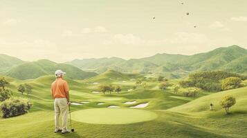 Japanese seniors golfing on lush course, vibrant and friendly atmosphere. Active retirees enjoying life photo