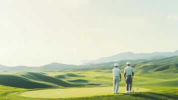 Active Japanese couple playing golf, serene and cheerful outdoor setting. Active retirees enjoying life photo