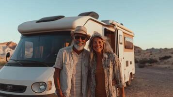 Senior couple with caravan in desert, vibrant sunset and joyful moment. Active retirees enjoying life photo