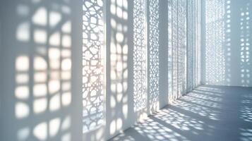 Lattice screen casting intricate shadows, minimalist and bold design. Light shadow 3d pattern photo
