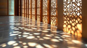Light through intricate wooden panels, sharp shadow patterns on walls and floor. Light shadow 3d pattern photo