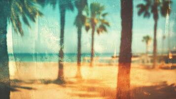 Blurred palms shimmering in midday sun, vibrant summer beach scene. Blurred view sandy beach palms photo