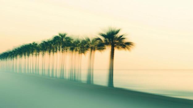Long line of palms disappearing into horizon, serene and endless atmosphere. Blurred view sandy beach palms photo