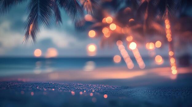 Softly illuminated palms on beach, peaceful and dreamy night atmosphere. Blurred view sandy beach palms photo