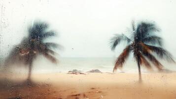 Beach view through rain-streaked window, nostalgic and blurred outlines. Blurred view sandy beach palms photo