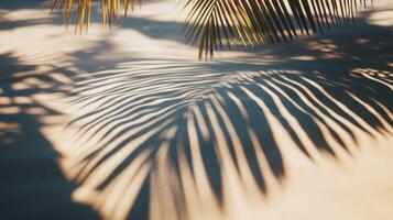 Palm tree shadows creating bold contrast on sand, serene and modern design. Blurred view sandy beach palms photo