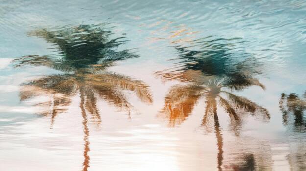 Palm tree reflections creating abstract ripples, serene and artistic design. Blurred view sandy beach palms photo