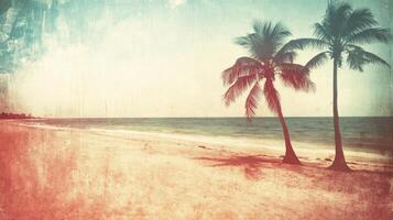 Vintage beach scene with blurred palms, nostalgic and retro soft tones. Blurred view sandy beach palms photo
