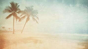 Retro-style blurred beach snapshot, soft tones and old-film charm. Blurred view sandy beach palms photo
