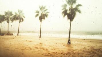 Blurry palms and sand through rain-streaked window, nostalgic beach scene. Blurred view sandy beach palms photo