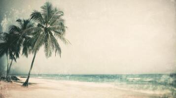 Blurred palm trees in faded beach photo, nostalgic and artistic design. Blurred view sandy beach palms photo