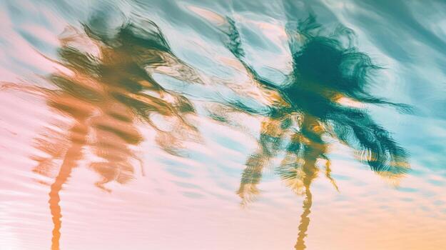 Blurred palm reflections in shallow water, soft ripples and abstract light. Blurred view sandy beach palms photo