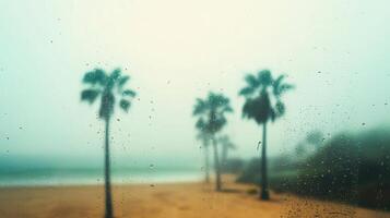 Nostalgic beach view through fogged window, soft and distant vibes. Blurred view sandy beach palms photo