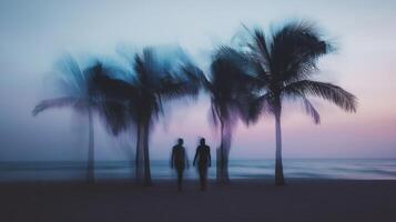 Dusk on the beach with blurred figures, serene horizon light and calm moment. Blurred view sandy beach palms photo