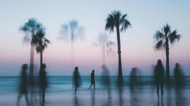 Quiet beach walk among palms at twilight, soft silhouettes and tranquil vibes. Blurred view sandy beach palms photo