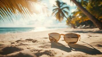Blurred vacation scene through lenses, soft beach and palm outlines. Blurred view sandy beach palms photo