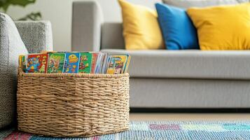 Cozy living room with game basket, playful and inviting atmosphere. Wicker basket near grey sofa in living room photo