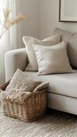 Functional wicker basket with cushions, adding warmth to modern living space. Wicker basket near grey sofa in living room photo