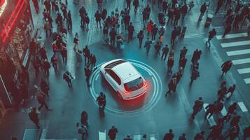Driverless vehicle ensuring pedestrian safety, seamless technology integration. Robotic cars photo