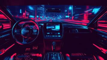 AI interface displaying route and data, advanced self-driving car interior. Robotic cars photo