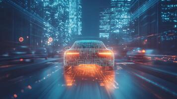 Projected heads-up display in car, showcasing speed, weather, and hazards. Robotic cars photo