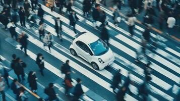 Robotic car interacting safely with pedestrians on busy street, advanced sensors in action. Robotic cars photo