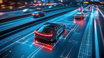 Vehicle-to-vehicle data exchange on highway, glowing lines and modern tech. Robotic cars photo