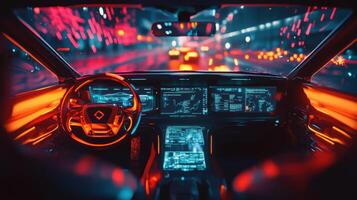 High-tech interior of autonomous car, showcasing real-time navigation display. Robotic cars photo
