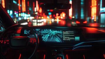 Self-driving car with AI holographic dashboard, futuristic interior design. Robotic cars photo