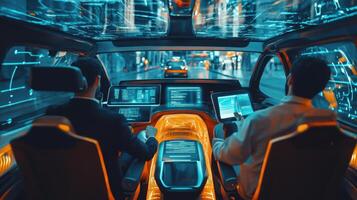 Spacious and high-tech interior of autonomous car, blending style and function. Robotic cars photo