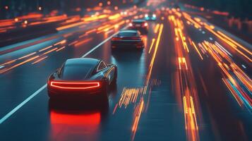 Robotic vehicles using V2V communication, futuristic tech in motion. Robotic cars photo