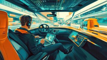 Driverless car interior with passengers at ease, showcasing advanced design. Robotic cars photo