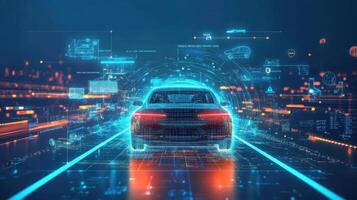 Futuristic car surrounded by AI visualizations, showcasing advanced technology. Robotic cars photo