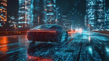 Artificial intelligence analyzing road data, futuristic tech in autonomous vehicle. Robotic cars photo