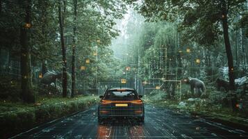 Autonomous car navigating forest path, scanning surroundings with advanced sensors. Robotic cars photo