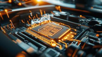 Microchip inside robotic car downloading updates, showcasing tech-driven core. Robotic cars photo