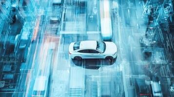 Driverless car executing perfect parking in busy city, advanced technology in action. Robotic cars photo