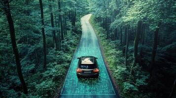 Robotic car driving through forest, seamless obstacle detection and navigation. Robotic cars photo