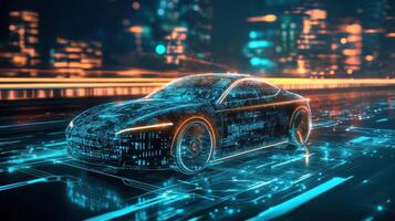 AI-powered car with real-time data flow, analyzing road and traffic conditions. Robotic cars photo